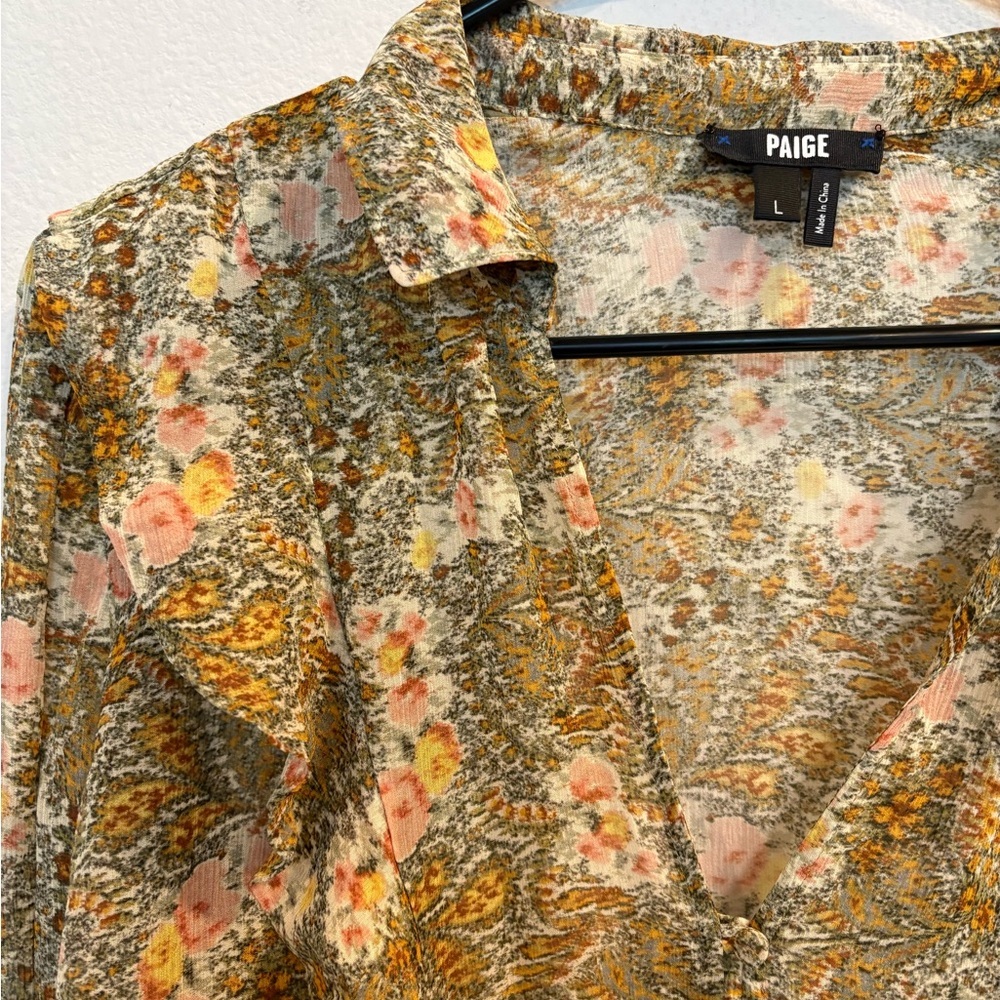 PAIGE Floral Ruffle Blouse Top Long Sleeve Sheer Boho Size L - Picture 2 of 4